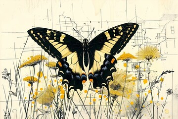 Motyl paź królowej na łące wśród żółtych kwiatów - obrazy, fototapety, plakaty