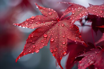Obraz premium Duży czerwony liść w kropelkach rosy