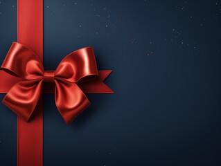 Red ribbon with bow on navy blue background, Christmas card concept. Space for text. Red and Navy Blue Background 