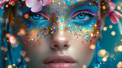 A woman with blue eyes and a colorful glitter on her face, generative ai
