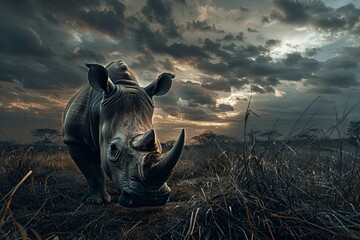 Zagrożony wyginięciem nosorożec w zniszczonym środowisku - obrazy, fototapety, plakaty