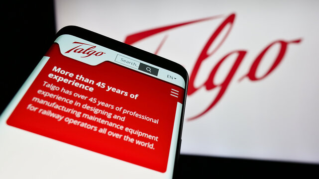 Stuttgart, Germany - 04-08-2024: Smartphone with website of Spanish train manufacturing company Talgo SA in front of business logo. Focus on top-left of phone display.