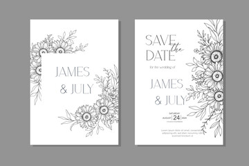 Line Art Sunflowers Wedding Invitation template, Outline Sunflowers Minimalist Wedding Stationery, Sunflowers Wedding