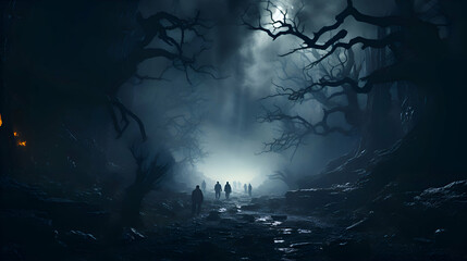 Silhouette of group of people walking in the dark forest. Halloween concept