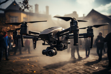 Drone News reporter fitted with a camera and microphone, capturing aerial footage and conducting...