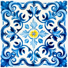 Pattern of azulejos tiles. Rustic blue and yellow tile watercolor seamless pattern.