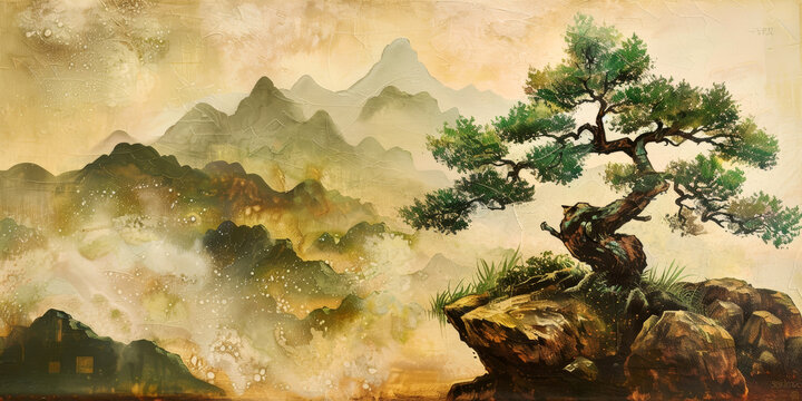 Vintage Traditional Style Japanese Painting Of Bonsai Tree.