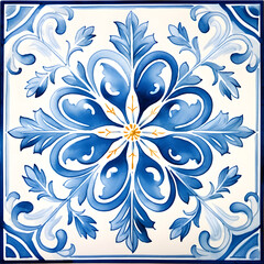 Fototapeta premium Pattern of azulejos tiles. Rustic blue and yellow tile watercolor seamless pattern.
