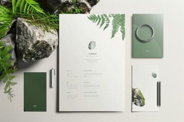 Green and white stationery set with ferns and rocks on a white background for office supplies and stationary products catalog
