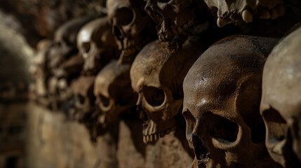 Row of human skulls in shadow, set into a wall, creating a chilling and somber historical display.