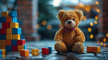 Stuffed toy Teddy bear sits by block pile, happy event