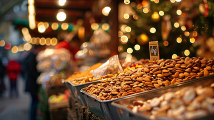 Market stall with candied toasted almonds at Christmas - obrazy, fototapety, plakaty
