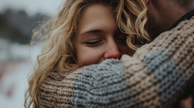 Couple embraces tightly, sharing a tender moment, their breath visible in the cold winter air.