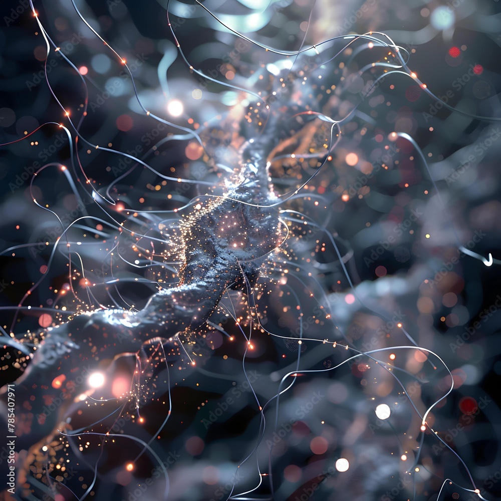 Poster Close-up artistic rendering of neural activity within synapses, showcasing complex brain functions.