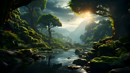 Beautiful landscape with river and trees in the tropical forest at sunset