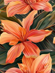 Seamless Background Pattern of Vibrant Orange Lily Flowers with Green Leaves on a Dark Black Background Illustration