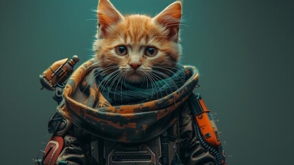A supersoldier kitten in exoskeleton armor with a camouflaged wool scarf on a reconnaissance mission  Color Grading Teal and Orange - obrazy, fototapety, plakaty