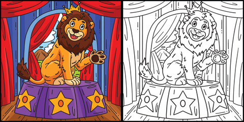 Lion on Circus Podium Coloring Page Illustration