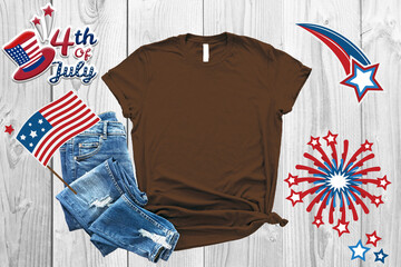 4th of july Brown shirt Mockup with usa flag for mockup design, fourth july celebration, 4th of July USA Independence Day, Celebration memorial day in America.