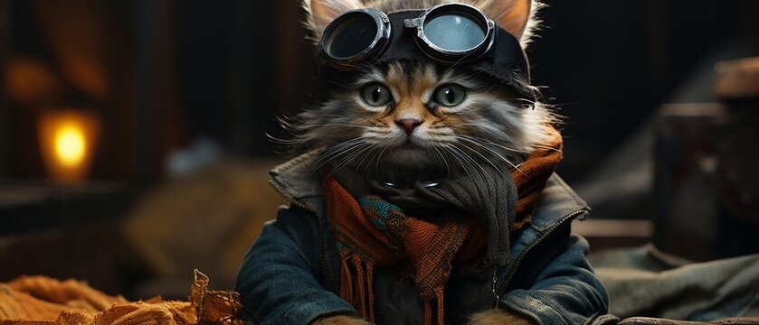 A steampunkinspired kitten wearing goggles and a rustic, gearembellished wool scarf  Color Grading Teal and Orange