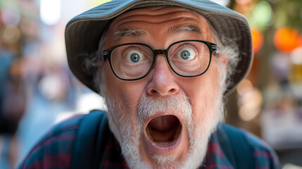Elderly man showing a look of surprise and delight, wearing glasses and a bucket hat in an outdoor setting.