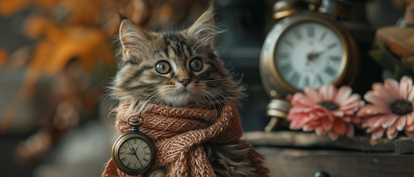A timetraveling kitten with a vintage pocket watch and a timeless, elegant wool scarf visiting historical landmarks
