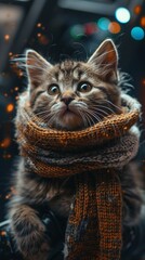 An alien diplomat kitten wearing a ceremonial wool scarf during first contact on a space station