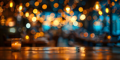 Modern Cafe Interior with Cozy Blur Background, Elegant Wooden Tables, Soft Illumination, and Artistic Bokeh Lights for Relaxing Atmosphere