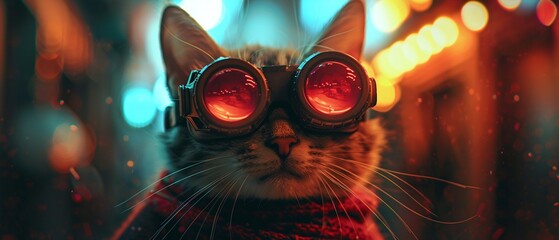 An elite spy kitten with nightvision goggles and a tactical wool scarf on a covert mission  Color Grading Teal and Orange - obrazy, fototapety, plakaty