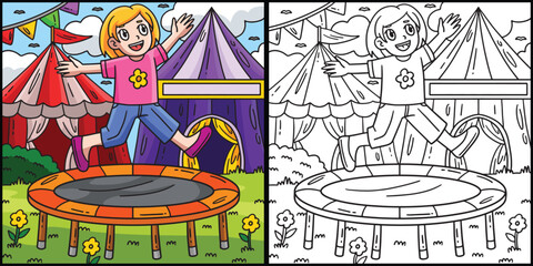 Circus Child and Trampoline Coloring Illustration