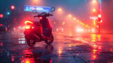 A motorcycle zooms on a rainy street at night, headlights illuminating the way