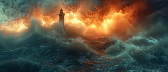 Cinematic 3D scene of a lonely lighthouse wrapped in a giant wool scarf, standing guard over a stormy sea  Color Grading Complementary Color - obrazy, fototapety, plakaty