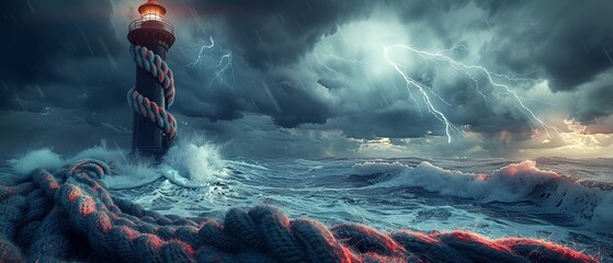 Cinematic 3D scene of a lonely lighthouse wrapped in a giant wool scarf, standing guard over a stormy sea  Color Grading Complementary Color - obrazy, fototapety, plakaty