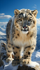 Obraz premium Snow leopard portrait on the background of snowcapped mountains