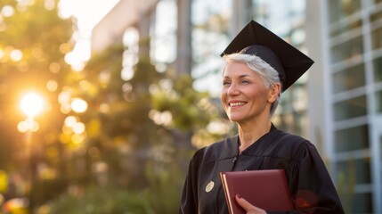 Senior woman in graduation gown, great for education and achievement topics.