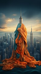 Detailed 3D visualization of a giant wool scarf wrapping around a minimalist cityscape, merging nature with urban life  Color Grading Teal and Orange - obrazy, fototapety, plakaty