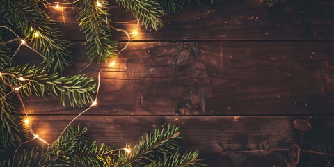 Pine branches with warm lights on wooden background, cozy holiday vibe.