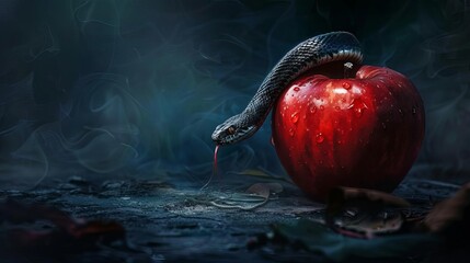 forbidden fruit concept with a serpent coiled around a red apple adam and eve symbolism