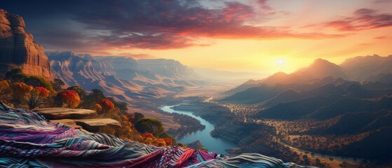 Enchanting 3D scene of a hot air balloon made of patchwork wool scarves, soaring over a dreamlike landscape  Color Grading Complementary Color - obrazy, fototapety, plakaty