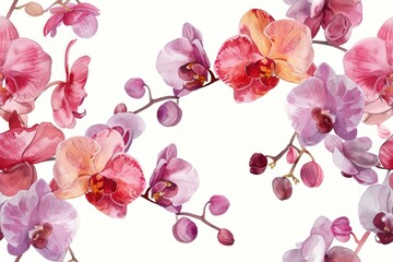 Watercolor seamless pattern of delicate orchids on a white background for textile, wallpaper, design, printing, decor
