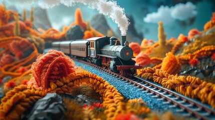 Evocative 3D scene of a vintage train traveling through a landscape with tracks bound by wool scarves  Color Grading Teal and Orange - obrazy, fototapety, plakaty
