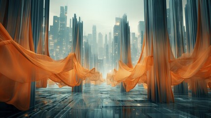 Futuristic 3D cityscape with buildings connected by bridges of wool scarves, blending tradition with modernity  Color Grading Teal and Orange
