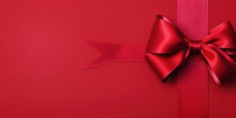 Red ribbon with bow on purple background, Christmas card concept. Space for text. Red and Purple Background