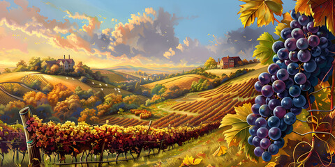 Rural Vineyard Landscape with Ripe Fruit, Winemaking Process in Sunset, Harvest Time Banner - obrazy, fototapety, plakaty