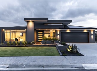 front view of a modern home in western australia with dark grey accents