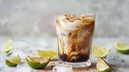 Chilled espresso cocktail with a lime garnish, great for innovative drink recipes or bar menus.