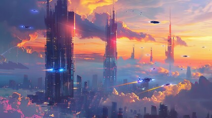 futuristic cityscape with towering skyscrapers flying vehicles and a sunset sky digital painting illustration - obrazy, fototapety, plakaty