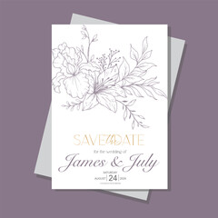Line Art Wildflowers Wedding Invitation template, Outline Wildflowers Minimalist Wedding Stationery