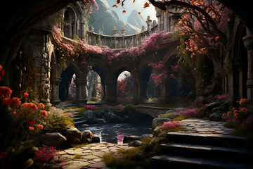 Obraz premium Mysterious fantasy landscape with fantasy castle and pond. 3D rendering