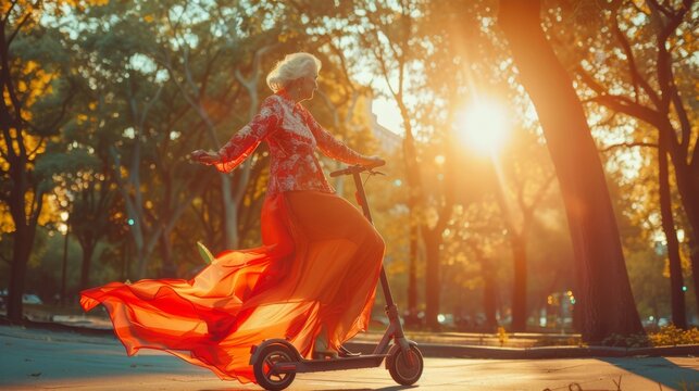Elderly woman on scooter with red dress, ideal for freedom and joy in later life themes.
